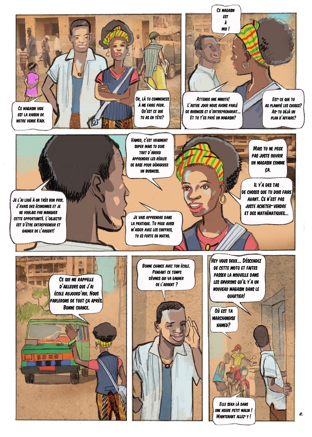 Extrait de la bande-dessinée développée par les incubateurs maliens Impact Hub Bamako et CREATEAM pour la formation à l’entrepreneuriat dans le cadre du Projet de Développement des Compétences et Emploi des Jeunes de la Banque mondiale.