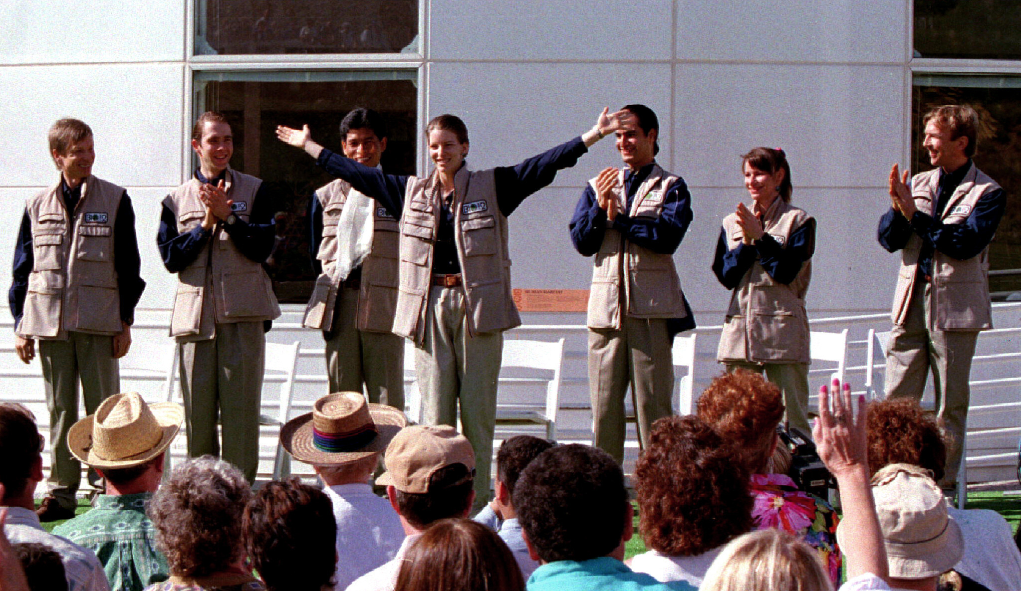 Crew members emerge from the self-contained Biosphere ecological system in 1994. 