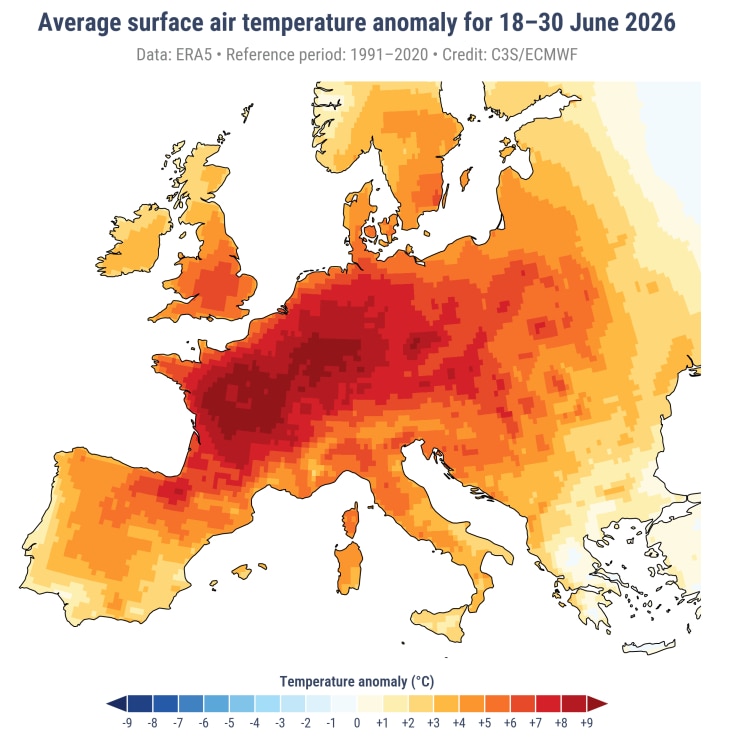 European surface temperature anomalies, June 2026