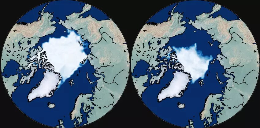La glace de mer fond : en septembre 1979 (à gauche) et en septembre 2019 (à droite).
