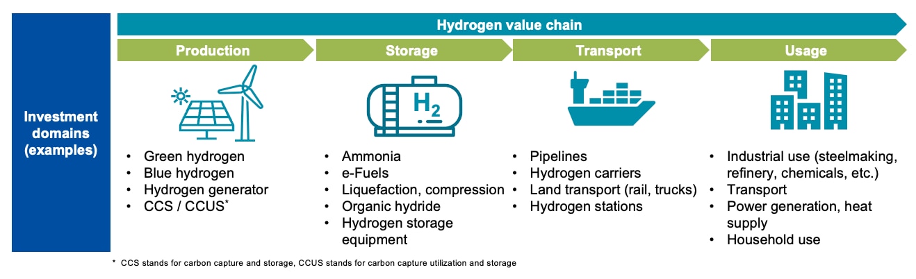 Potential investment domains in the hydrogen value chain.