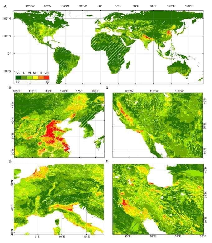 Probabilité d’affaissement du sol en 2040 pour le monde et quelques régions (B : Asie du Sud-Est, C : Amérique du Nord, D : Europe, E : Moyen-orient).