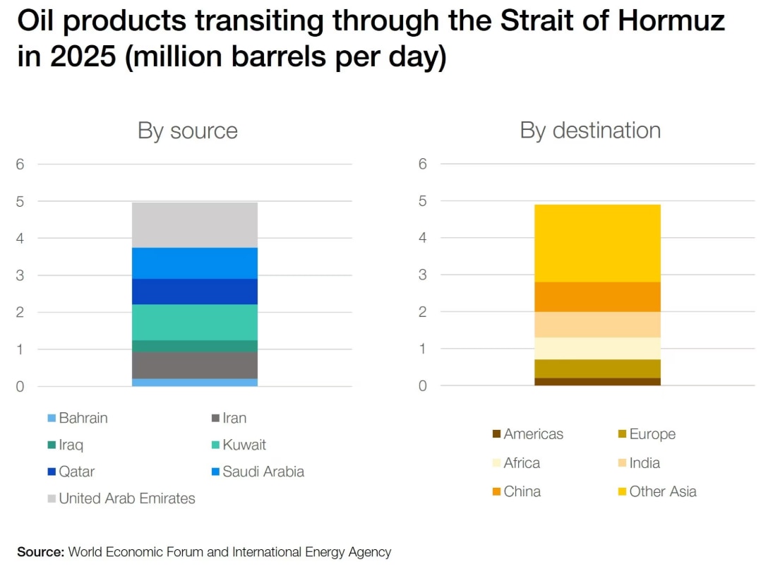 Around 20% of global liquid fuel consumption passes through the Strait of Hormuz in normal times. Image: World Economic Forum