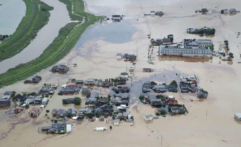 Vue aérienne d'inondations au Japon à Omachi, le 28 août 2019.
