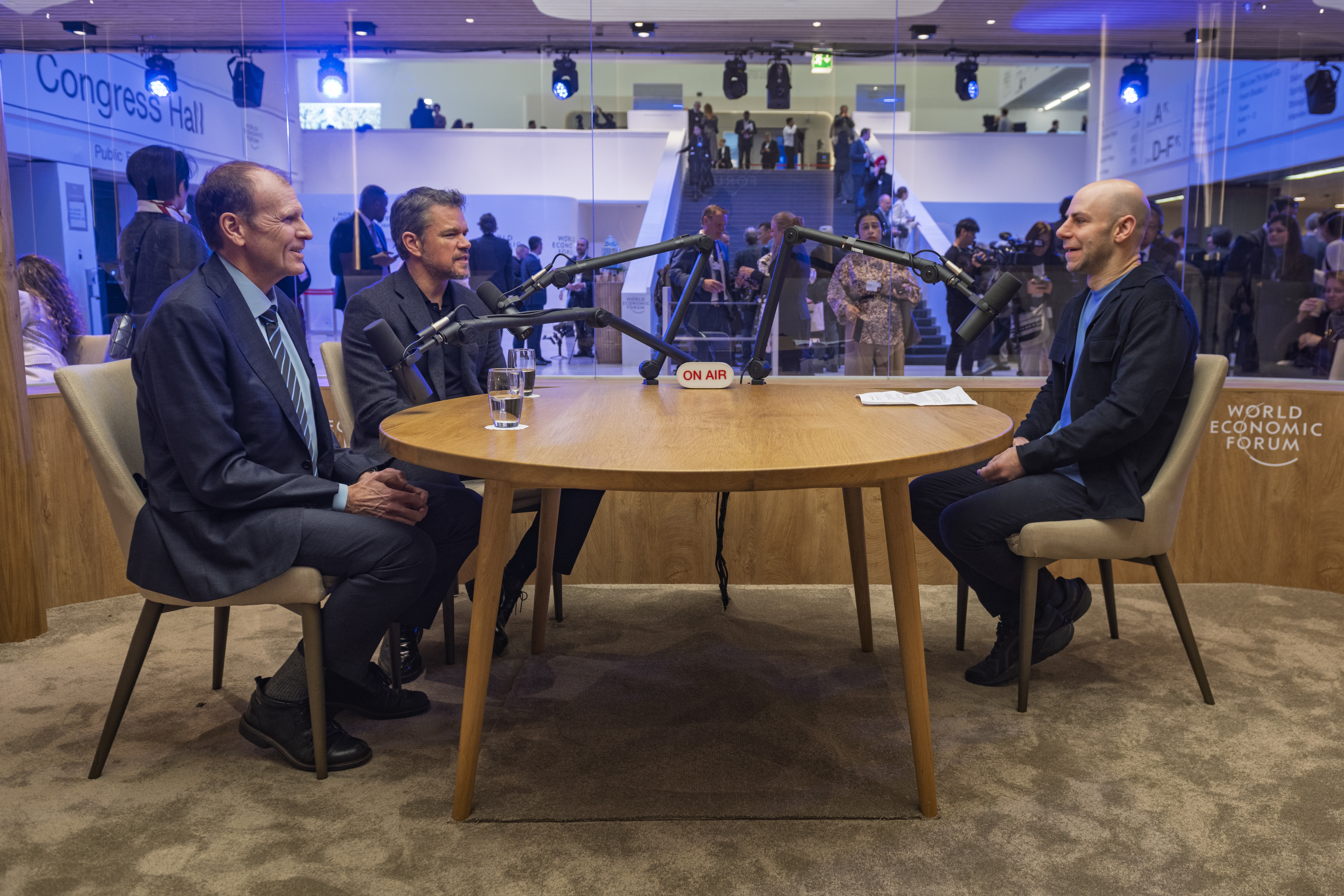Davos on Air: Rethinking with Adam Grant session with Adam Grant, Saul P. Steinberg Professor of Management and Psychology, Wharton School, University of Pennsylvania, USA; Gary White, Co-Founder and Chief Executive Officer, Water.org, USA; Matt Damon, Co-Founder, Water.org, USA; at the World Economic Forum Annual Meeting 2026 in Davos-Klosters, Switzerland, on 20/1/2026 from 12:30 to 13:15 in the Congress Centre â Davos On Air (Zone C), Podcast. (podcast/thinking 2). Â©2026 World Economic Forum / ALAVEE