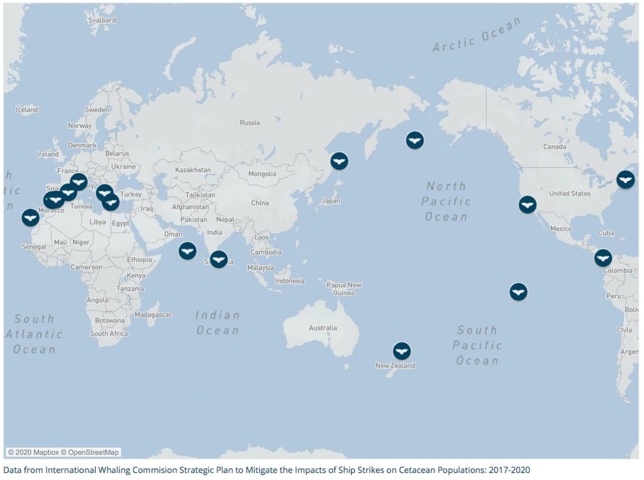 Locais de alto risco para colisões de navios baleeiros em todo o mundo