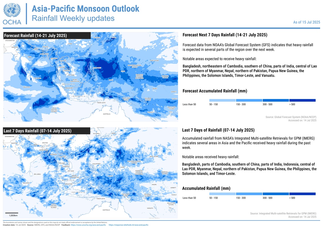 Asia Pacific monsoon outlook, rainfall weekly updates July 2025.