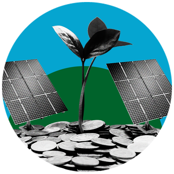 A circle containing two solar panels, a sapling and coins.