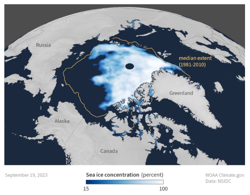 Map showing Arctic sea ice in 2023.