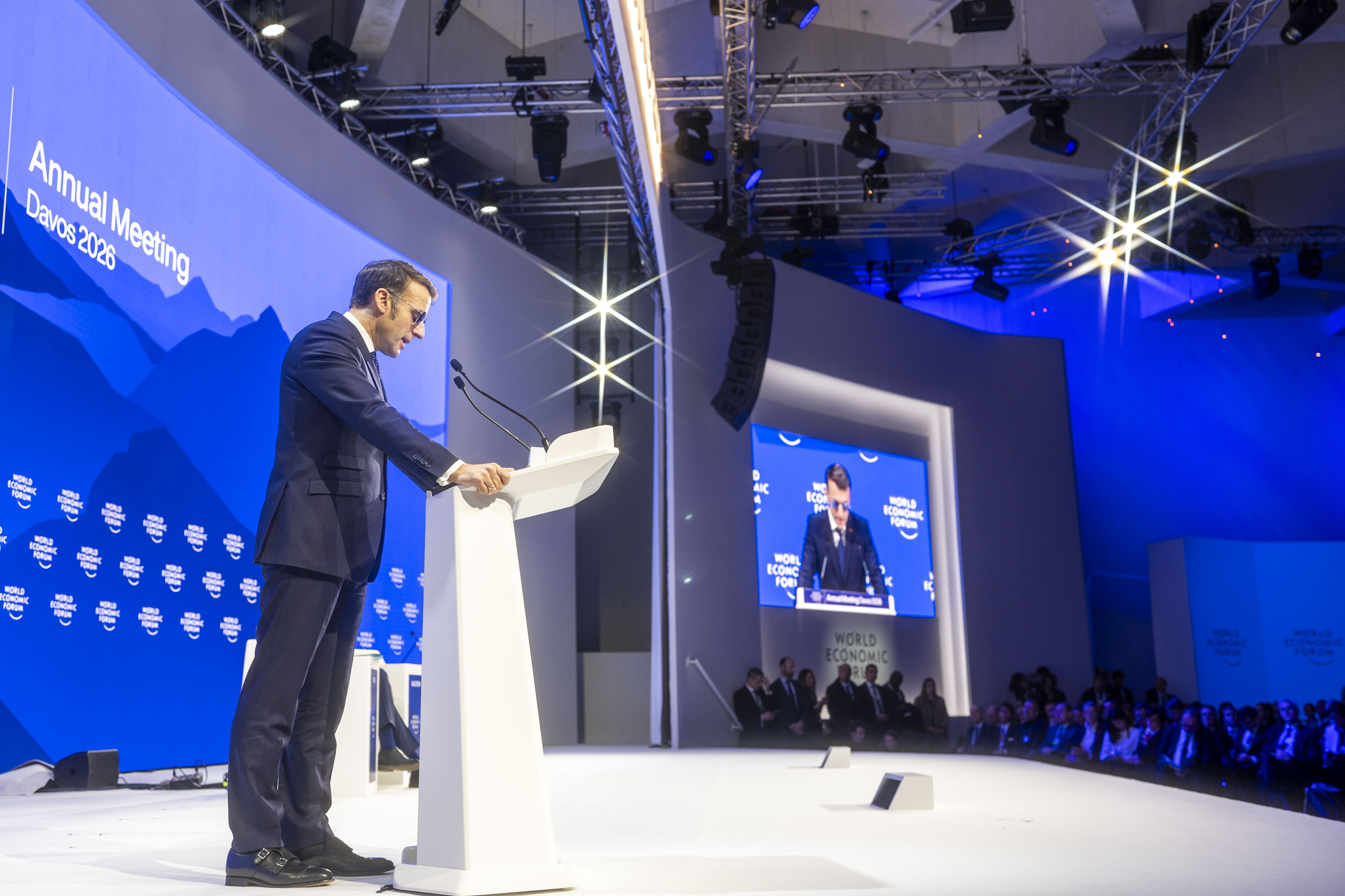 Special Address by Emmanuel Macron, President of France session with Emmanuel Macron, President of France; Laurence Fink, Chair and CEO, BlackRock; Interim Co-Chair, World Economic Forum, BlackRock, USA; at the World Economic Forum Annual Meeting 2026 in Davos-Klosters, Switzerland, on 20/1/2026 from 14:00 to 14:30 in the Congress Centre â Congress Hall (Zone C), Plenary. (special address/france). Â©2026 World Economic Forum. Copyright: World Economic Forum/Valeriano Di Domenico