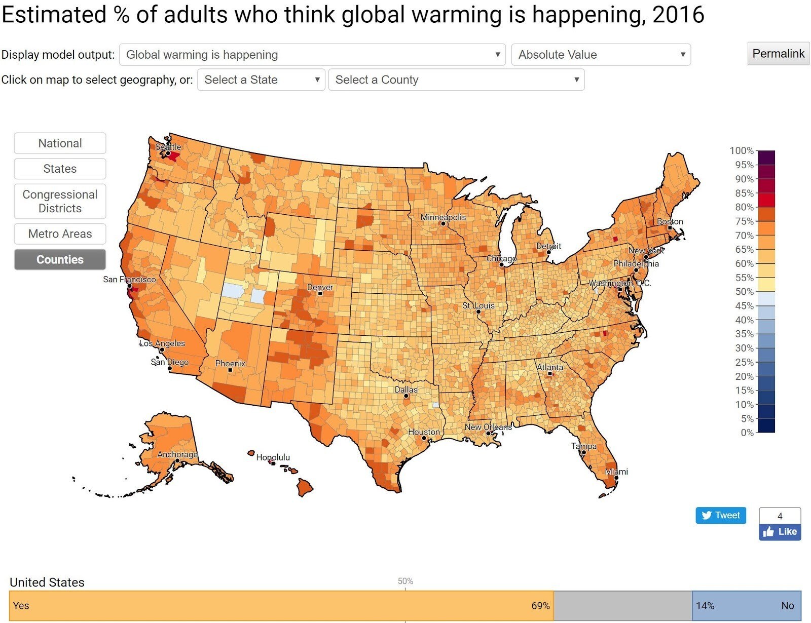  Public opinion estimates related to climate change in the United States in 2016.          