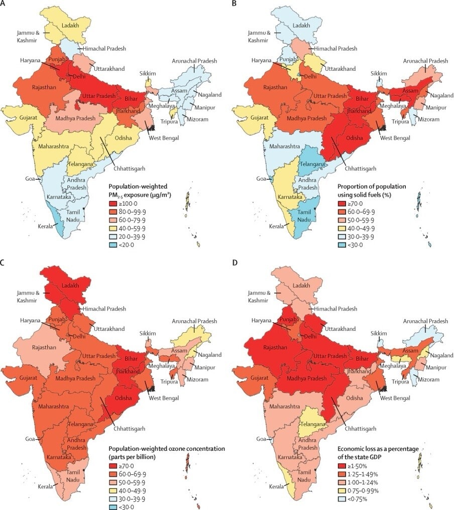 Mapas de India, codificados por colores para mostrar los impactos sanitarios y económicos de la contaminación del aire.