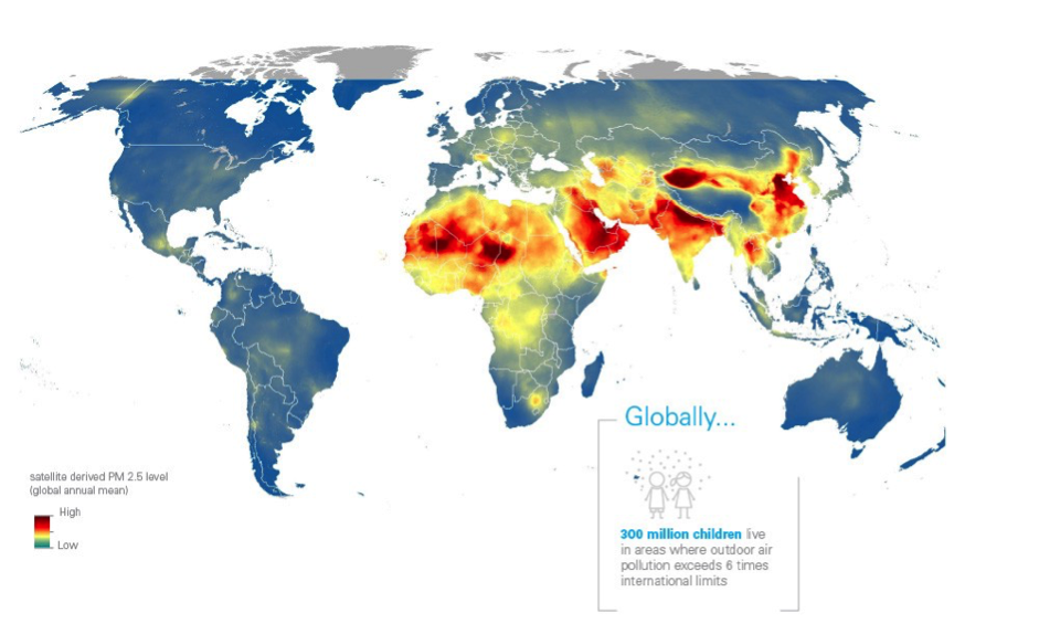 This map shows how many millions of children are exposed to dangerously high levels of pollution