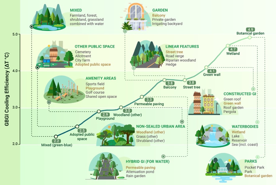 The cooling efficiency of different green spaces. 
