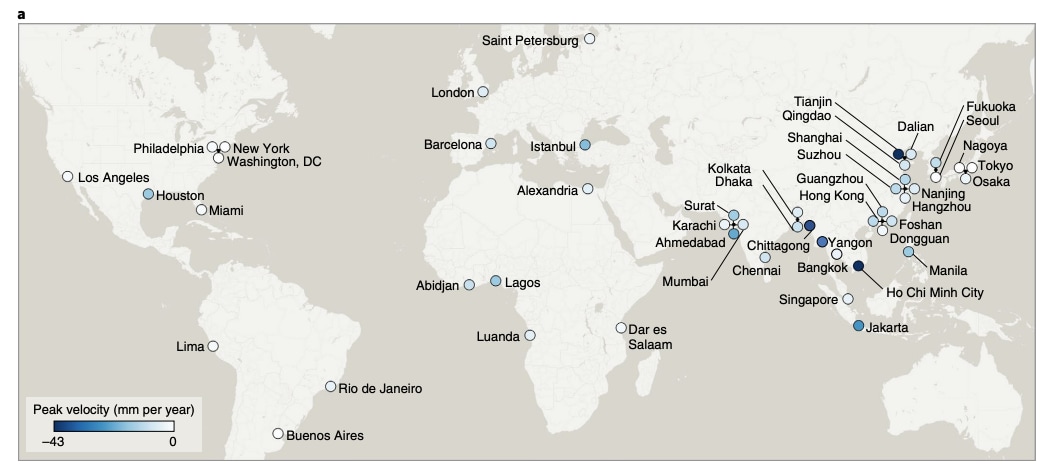 A map of cities across the globe that a new study says are sinking, often due to groundwater extraction.