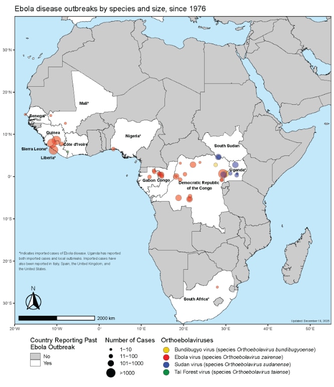Ebola disease outbreaks by species and size, since 1976