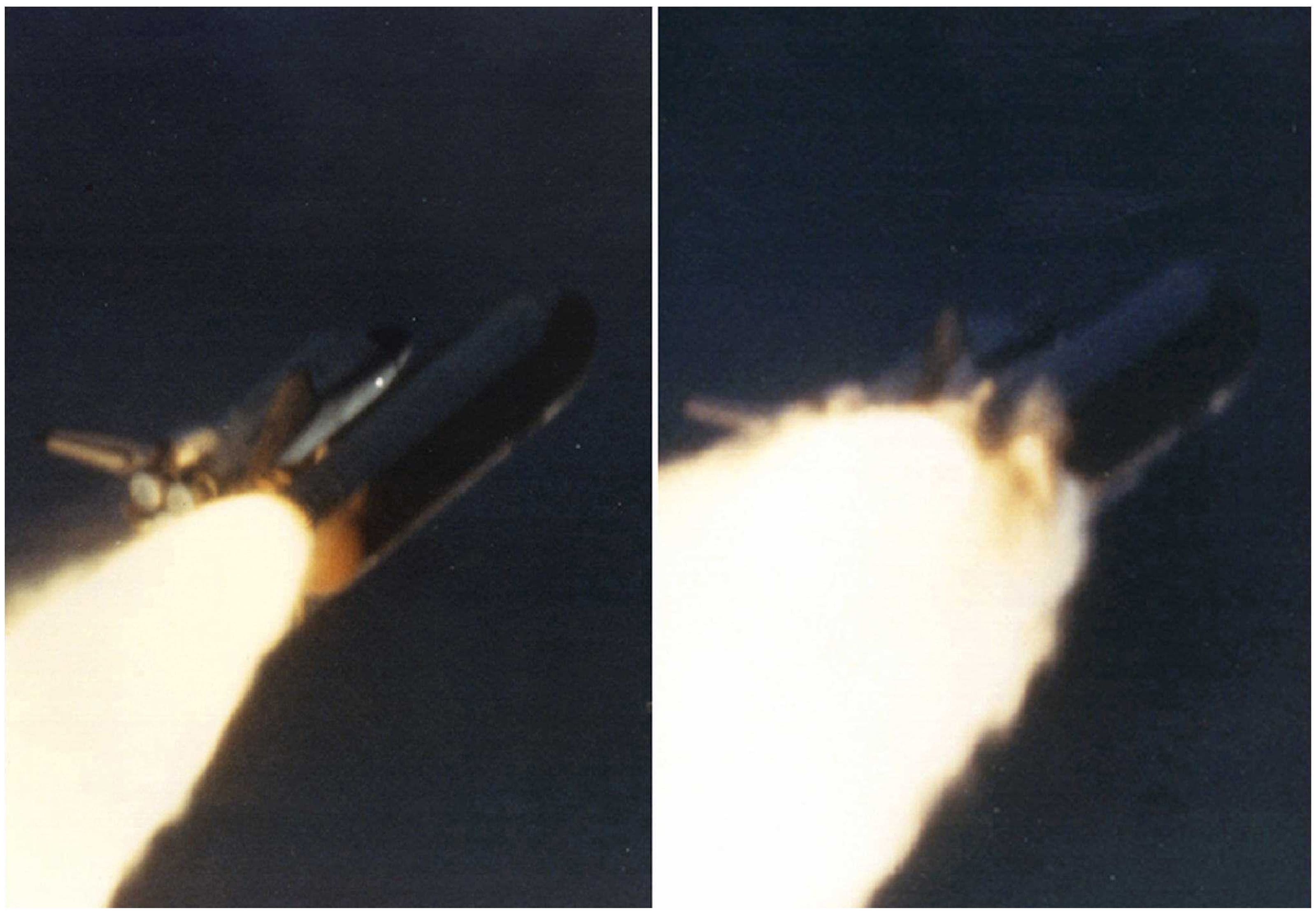 The Challenger shuttle explodes seconds after takeoff, January 1986.        