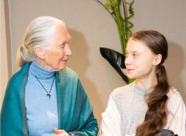 Jane meeting Greta Thunberg at the 2020 Annual Meeting.