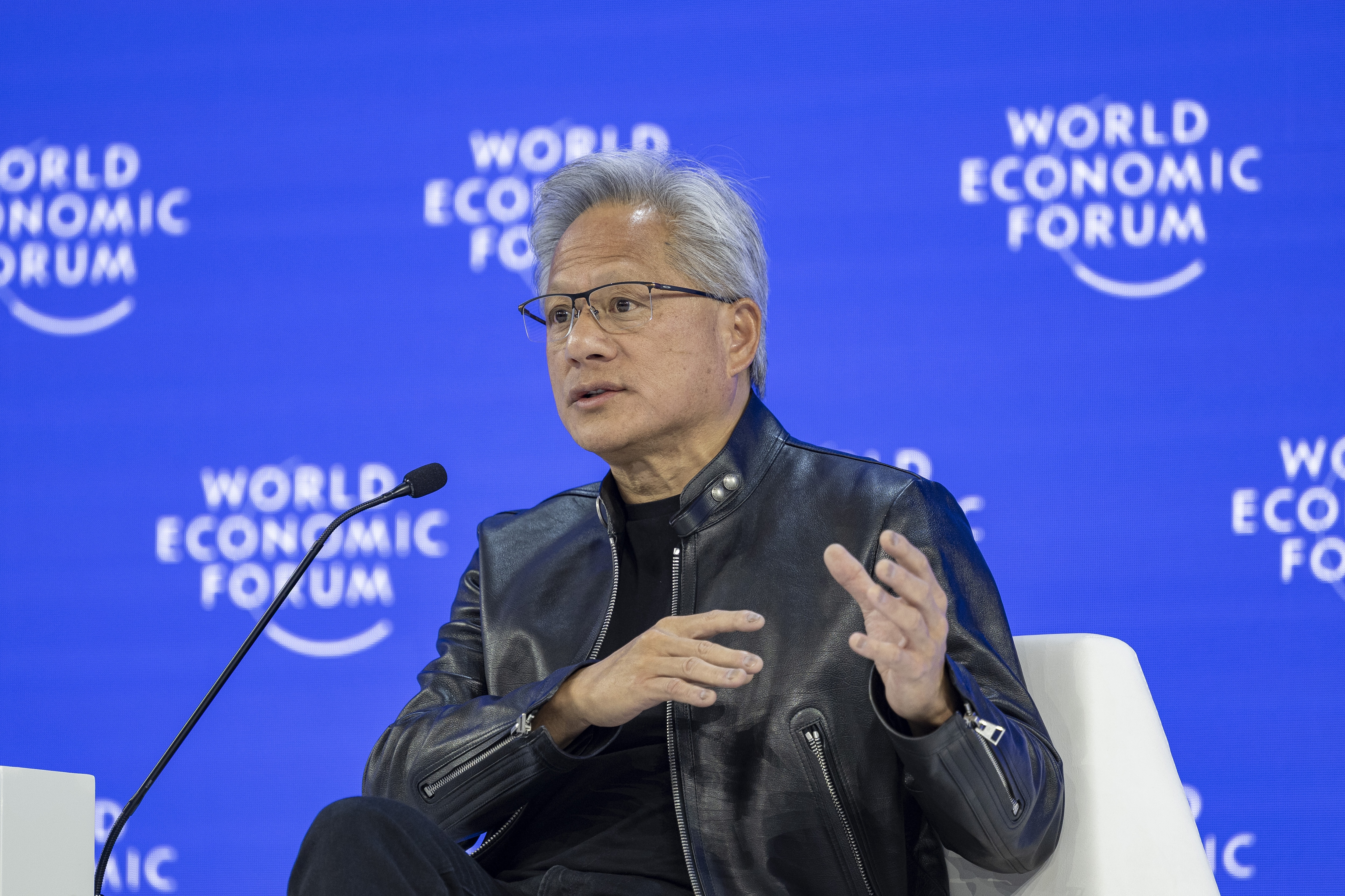 Conversation with Jensen Huang, President and CEO of NVIDIA session with Jensen Huang, Founder, President and Chief Executive Officer, NVIDIA, USA; Laurence Fink, Chair and CEO, BlackRock; Interim Co-Chair, World Economic Forum, BlackRock, USA; at the World Economic Forum Annual Meeting 2026 in Davos-Klosters, Switzerland, on 21/1/2026 from 11:30 to 12:00 in the Congress Centre â Congress Hall (Zone C), One-on-One. (conversation/huang). Â©2026 World Economic Forum / Thibaut Bouvier