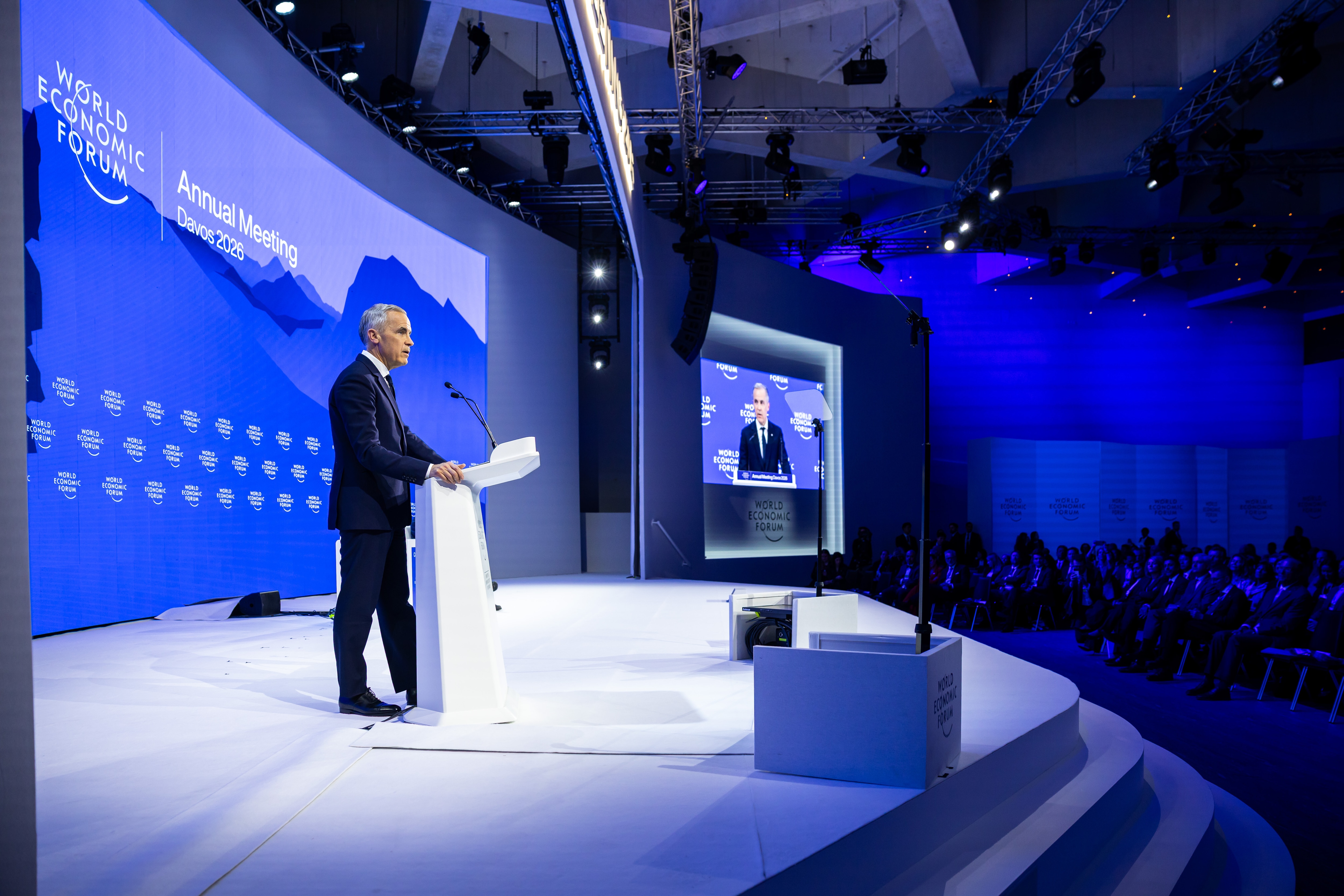 Special Address by Mark Carney, Prime Minister of Canada session with Mark Carney, Prime Minister of Canada; at the World Economic Forum Annual Meeting 2026 in Davos-Klosters, Switzerland, on 20/1/2026 from 16:30 to 17:00 in the Congress Centre â Congress Hall (Zone C), Plenary. (special address/canada). Â©2026 World Economic Forum / Ciaran McCrickard.