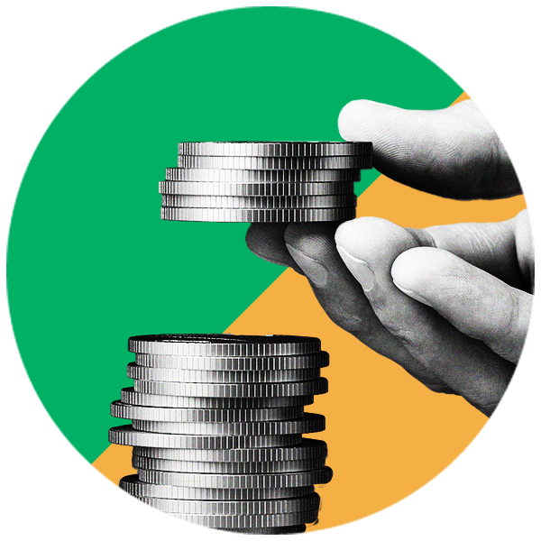 A green and yellow circle containing a stack of coins and a person holding some coins.