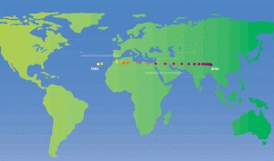 El gran desplazamiento hacia el este, 1980-2050. Fuente: Quah, Danny. 2011. «El centro de gravedad de la economía mundial cambia de lugar». Global Policy 2 (1) (enero): 3–9