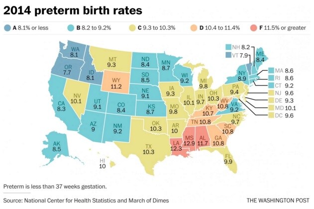 151116-premature birth rates across US washington post map